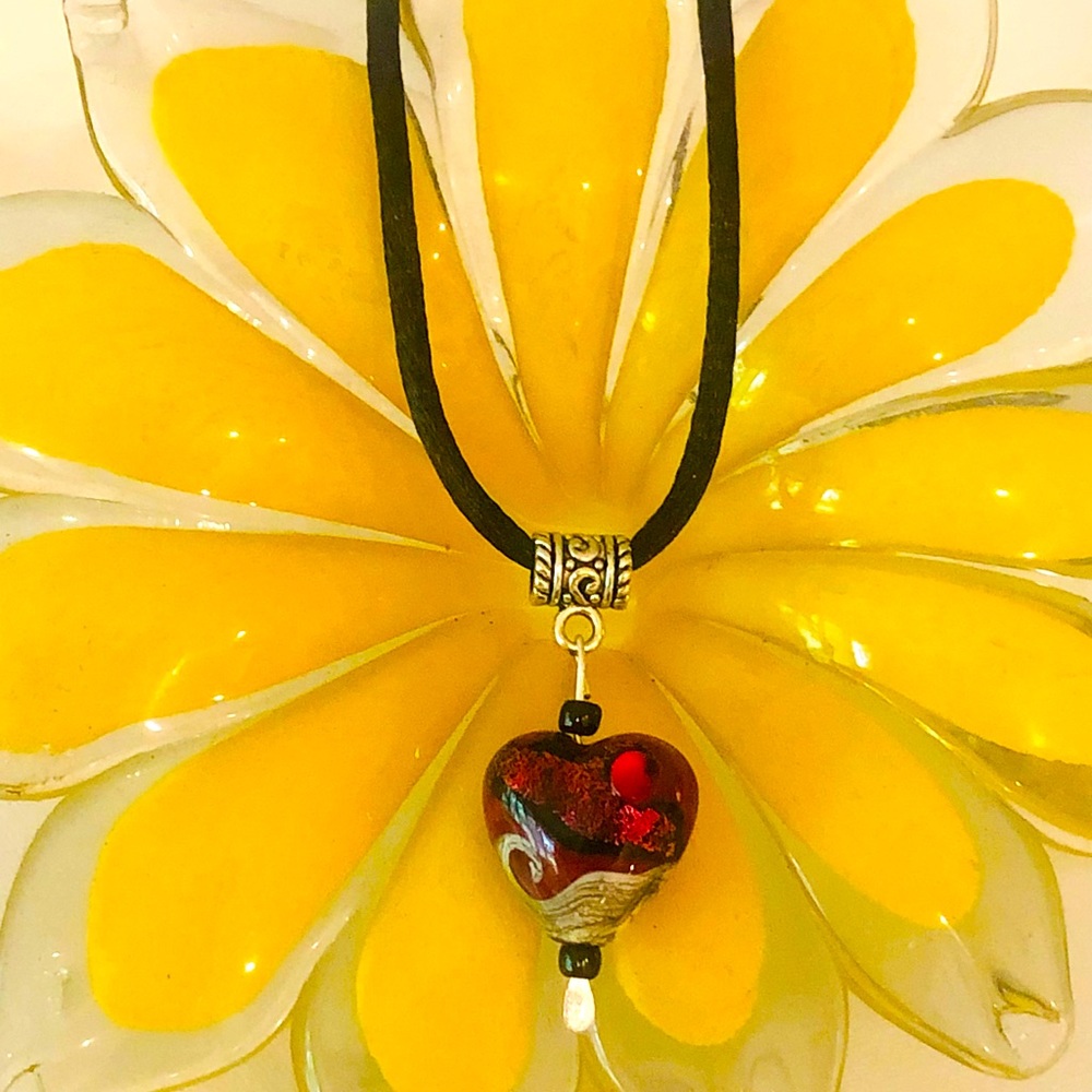 Ruby Red Glass Heart Pendant Necklace and Earrings